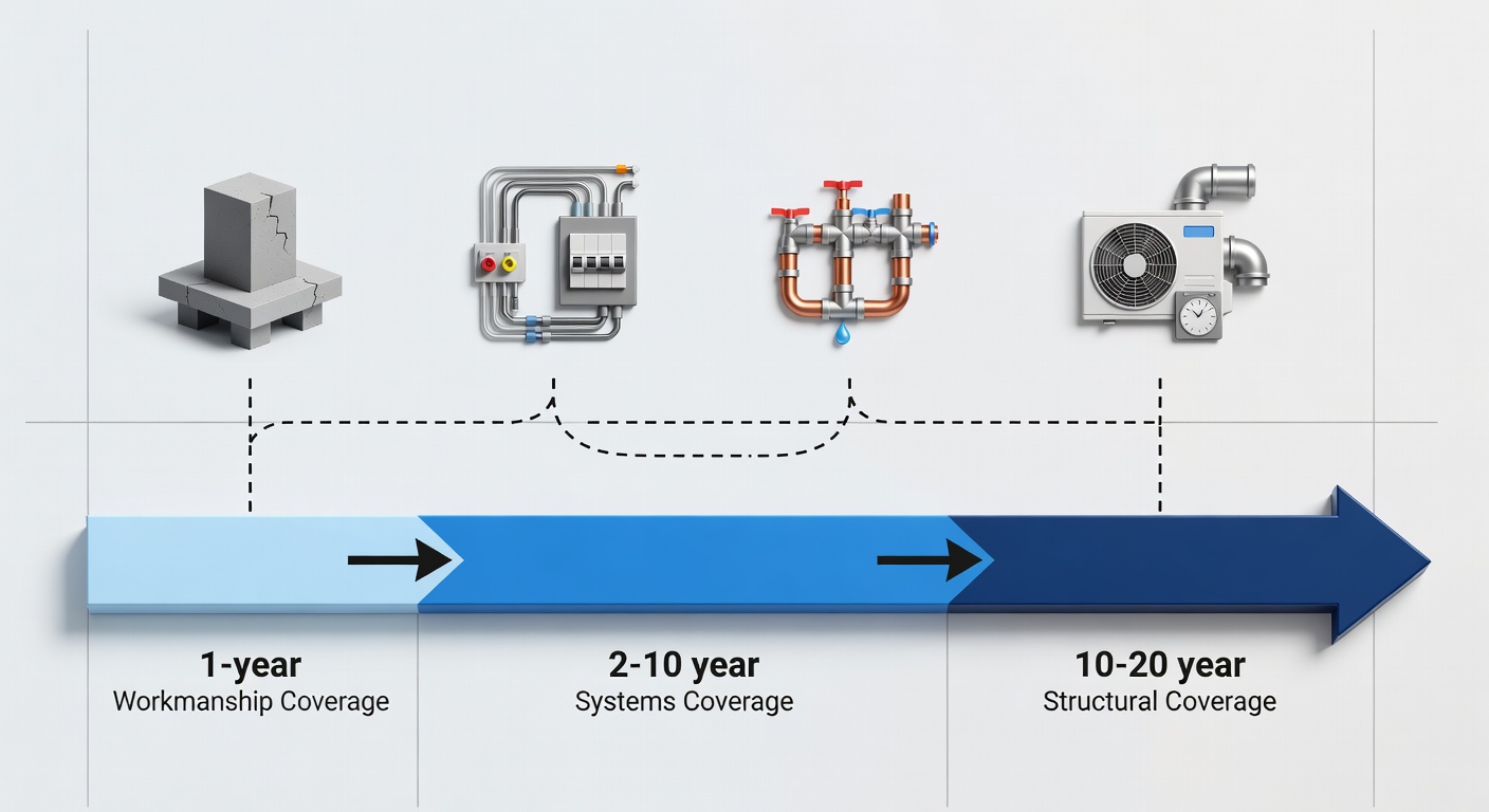 Clear educational diagram showing the 20-year StrucSure warranty timeline with three phases: 1-year workmanship, 2-10 year systems, and 10-20 year structural coverage, including icons for foundation, electrical, plumbing, and HVAC