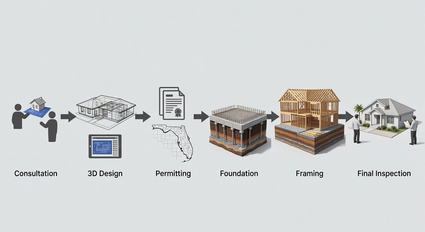 Clear educational diagram showing the six-step custom home construction workflow for Central Florida projects, including consultation, 3D design, permitting, foundation, framing, and final inspection phases with icons for each step.