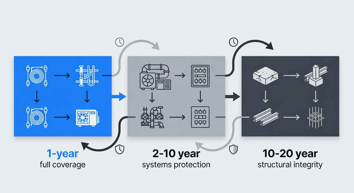 Clear educational diagram showing the three-tier StrucSure warranty timeline with labeled boxes for 1-year full coverage, 2-10 year systems protection, and 10-20 year structural integrity, including icons for electrical, plumbing, HVAC, foundation, and framing components.