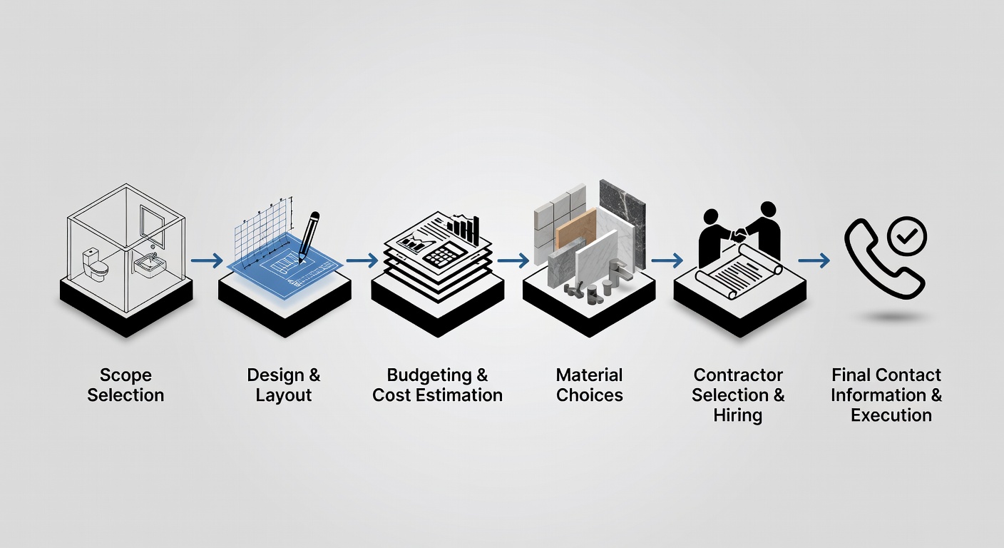 Clear flowchart illustrating the step-by-step bathroom remodel planning process from scope selection through material choices and final contact information