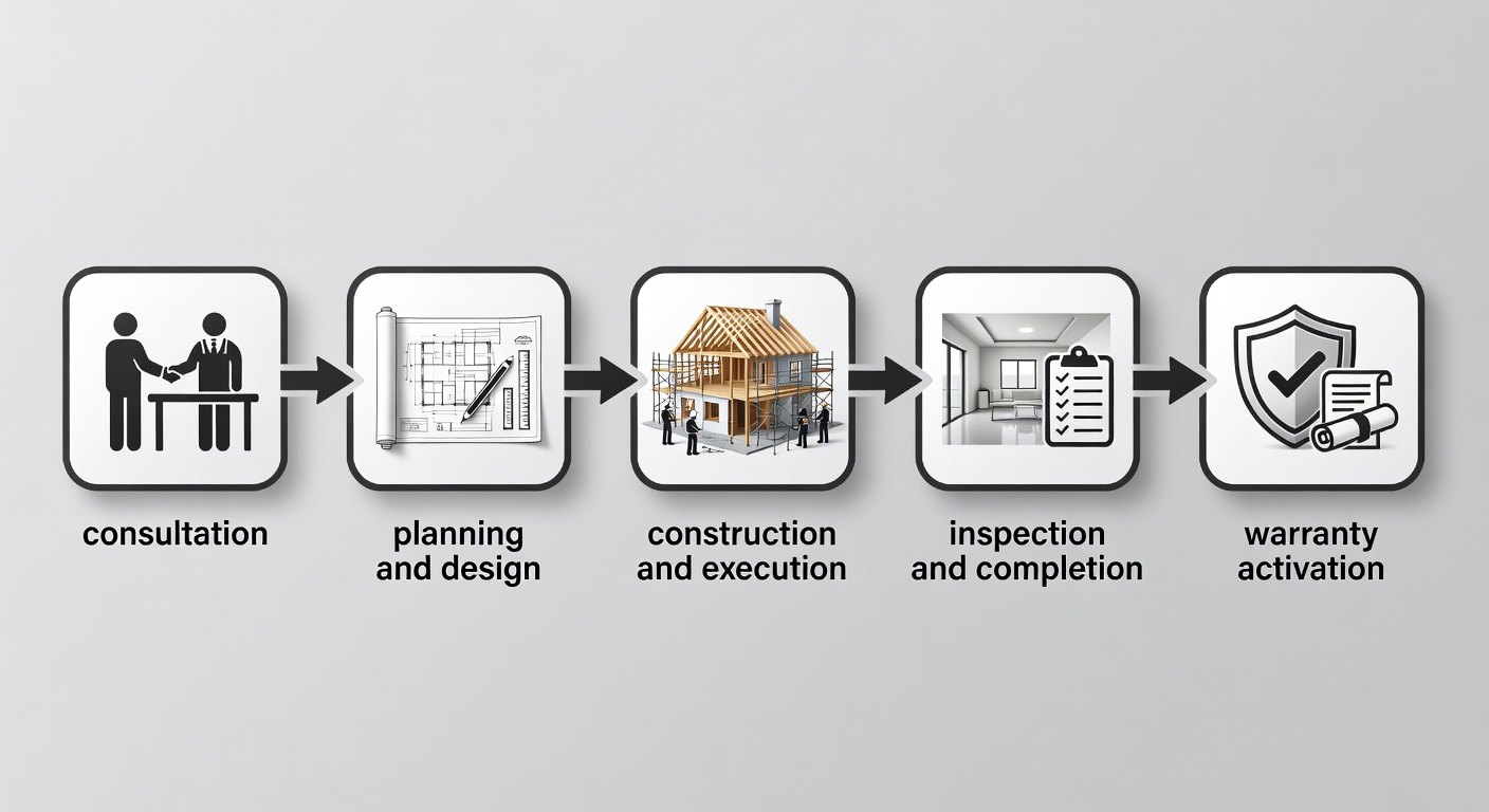Clear step-by-step flowchart diagram showing the five phases of Fox Certified Contractors remodeling process from consultation to warranty activation, with icons for each stage and arrows indicating sequence.