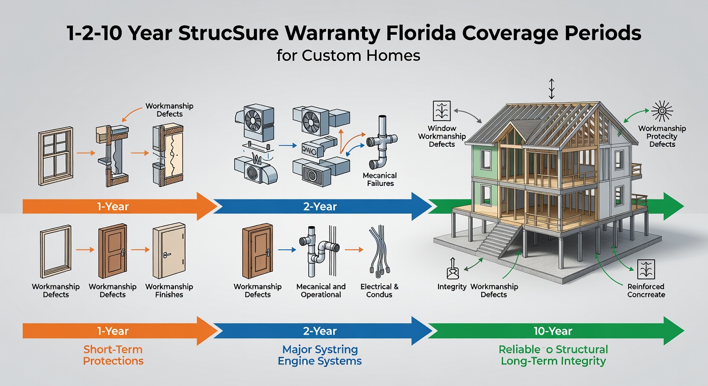 Clear structural timeline diagram showing the 1-2-10 year StrucSure warranty Florida coverage periods with labeled protections for workmanship, major systems, and structural integrity in custom homes.