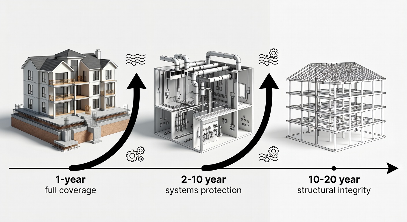 Clear timeline diagram illustrating 1-year full coverage, 2-10 year systems protection, and 10-20 year structural integrity for Longwood Florida construction projects backed by StrucSure