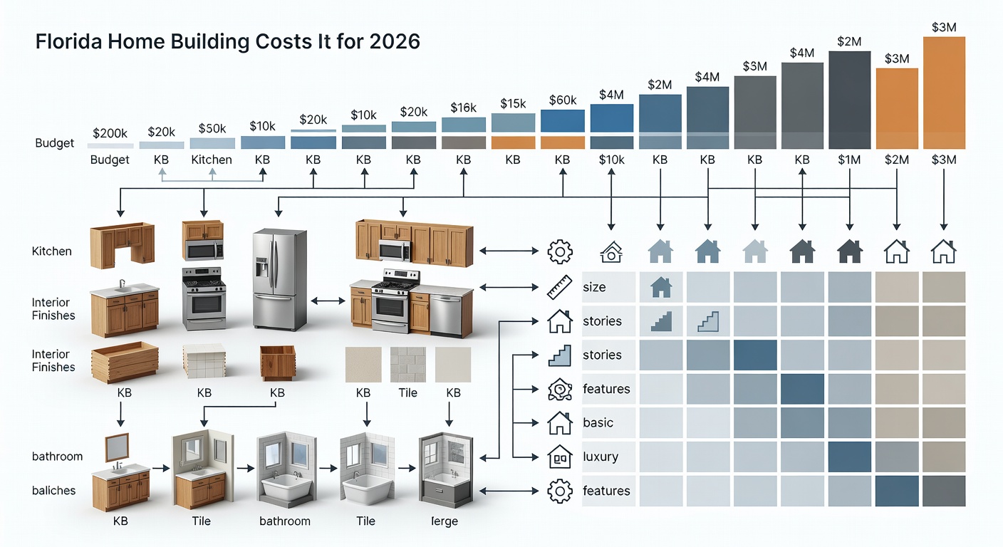 Comparative bar chart diagram of Florida home building costs, categorizing budgets ($200k-$3M), breakdowns for cabinets/appliances/finishes/baths (with KB ranges), and factors like size/stories/features, structured as decision matrix for 2026 projects.
