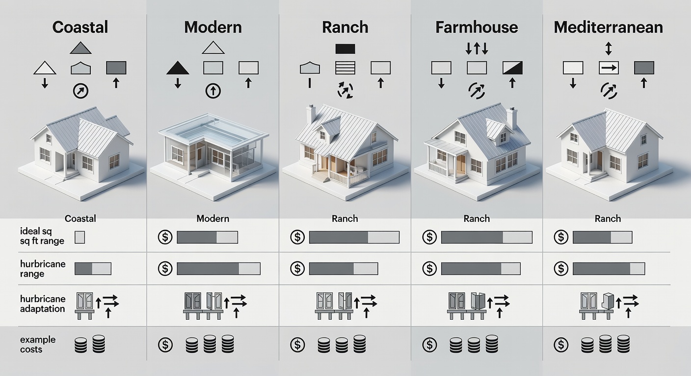 Comparative infographic table of top 5 Florida architectural styles (Coastal, Modern, Ranch, Farmhouse, Mediterranean), with columns for key features (roof, materials, ventilation), ideal sq ft range, hurricane adaptations, and example costs.