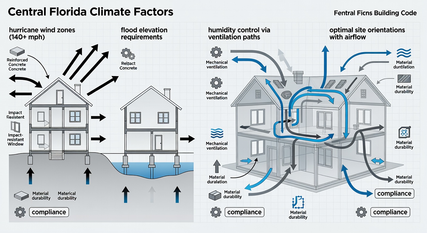 Detailed diagram of Central Florida climate factors for home building, showing hurricane wind zones (140+ mph), flood elevation requirements, humidity control via ventilation paths, and optimal site orientations with airflow arrows, material durability icons, and compliance labels per Florida Building Code.