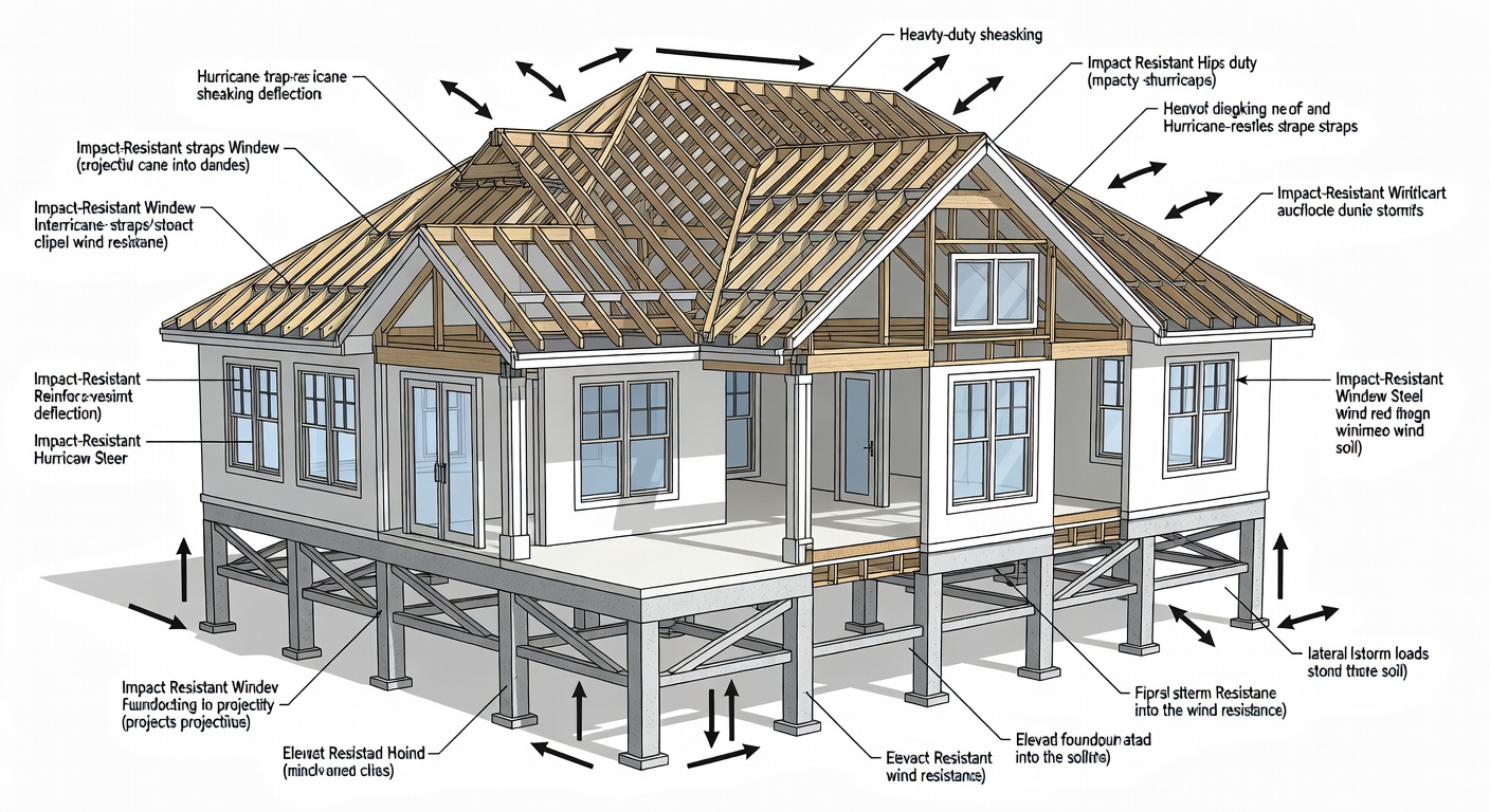 Detailed diagram showing cross-section of a Florida luxury home with labeled hurricane-resistant features including impact windows, elevated foundation, and fortified roof structure