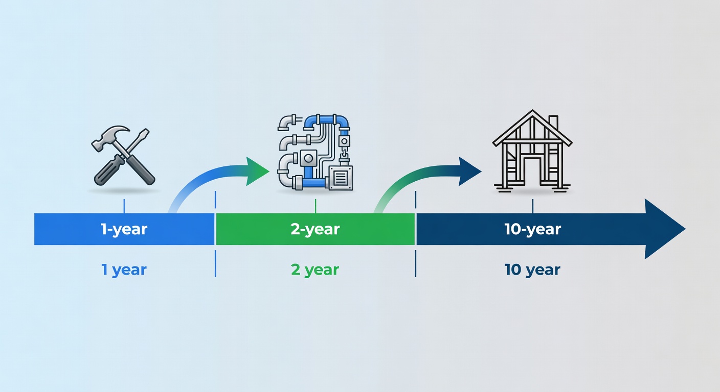 Detailed diagram showing the 1-2-10 year StrucSure warranty coverage timeline for Florida custom homes, with icons for workmanship, systems, and structural protection.