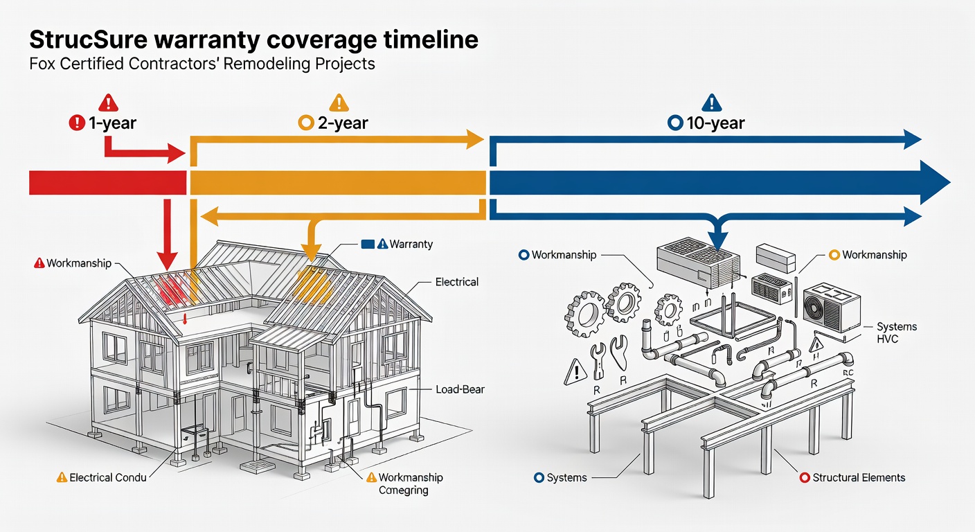 Detailed diagram showing the 1-2-10 year StrucSure warranty coverage timeline for Fox Certified Contractors remodeling projects, with labeled phases for workmanship, systems, and structural protection