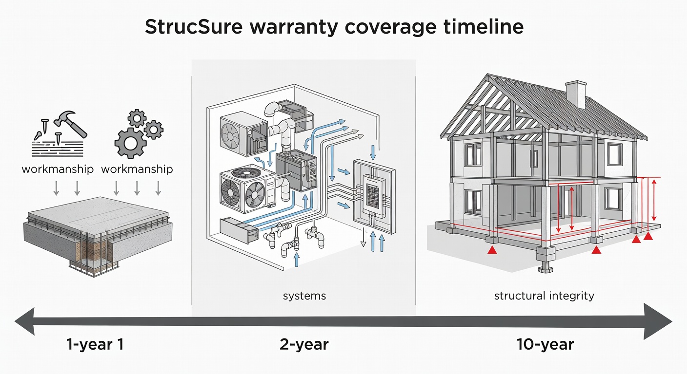 Detailed diagram showing the 1-2-10 year StrucSure warranty coverage timeline with labeled phases for workmanship, systems, and structural integrity protection
