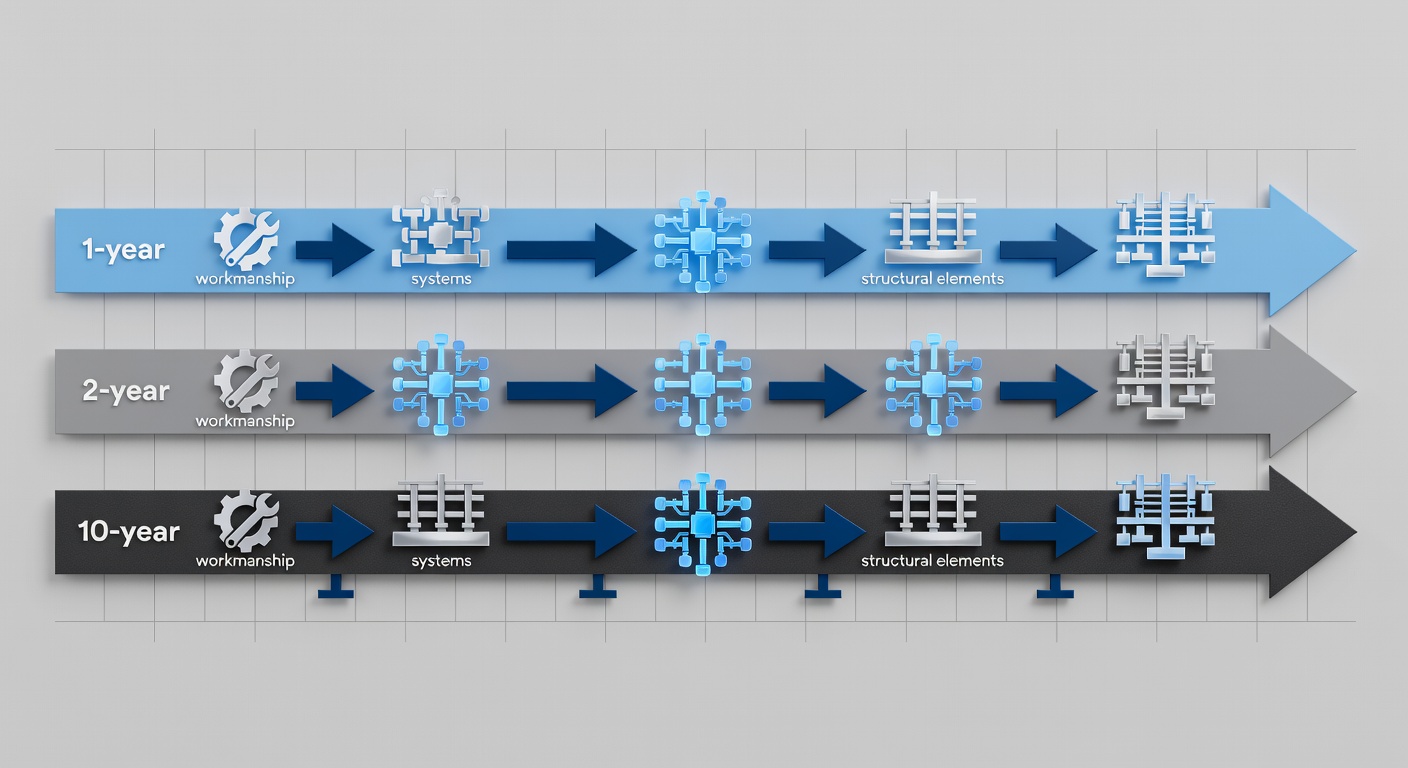 Detailed diagram showing the 1-2-10 year warranty coverage timeline with icons for workmanship, systems, and structural elements