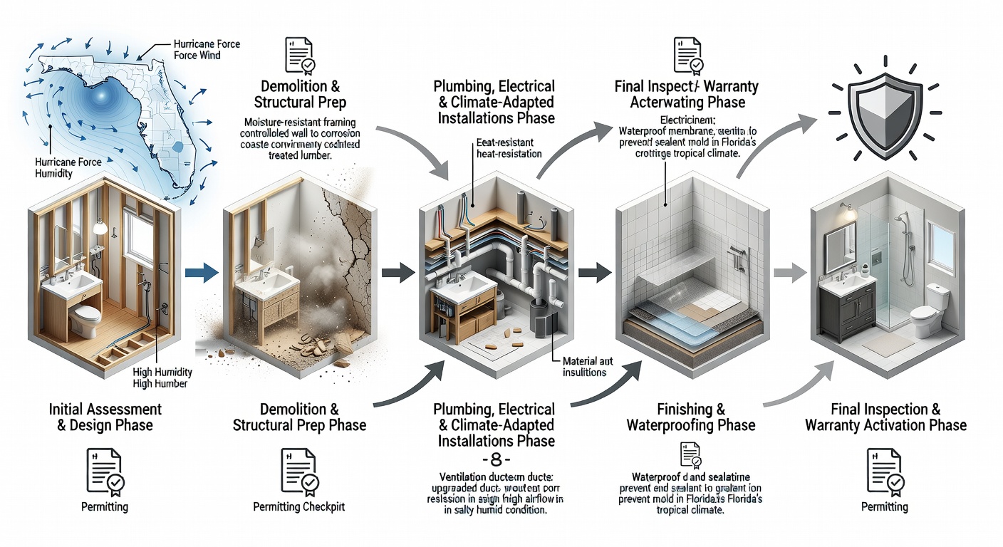 Detailed diagram showing the step-by-step custom bathroom remodel process with Florida climate considerations, permitting checkpoints, and warranty activation highlighted