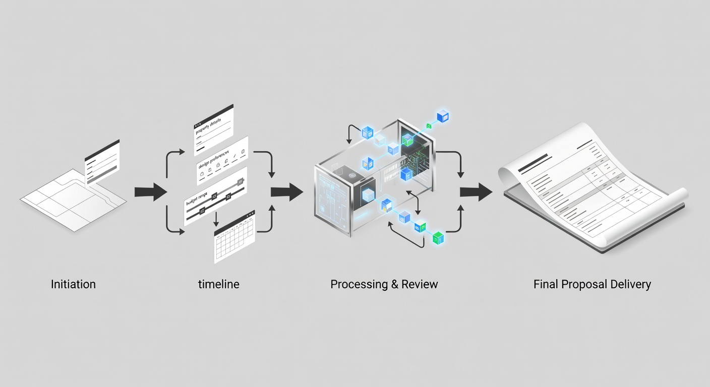Detailed diagram showing the step-by-step flow of submitting a free construction estimate request in Florida, including form fields for property details, design preferences, budget range, and timeline with arrows connecting each stage to the final proposal delivery.