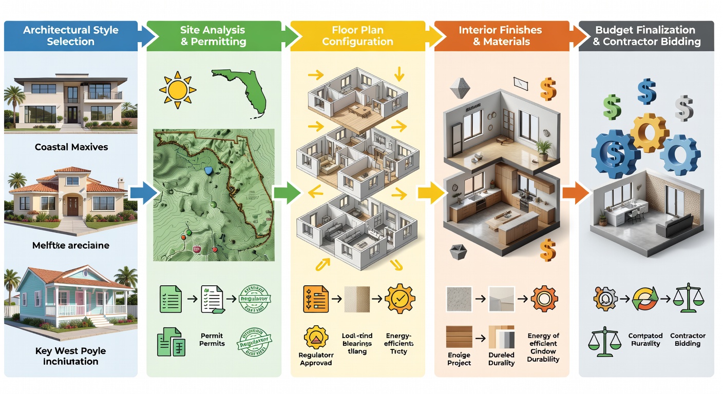 Detailed educational diagram illustrating the step-by-step Florida custom home design process from architectural style selection through floor plan configuration, interior finishes, and budget finalization