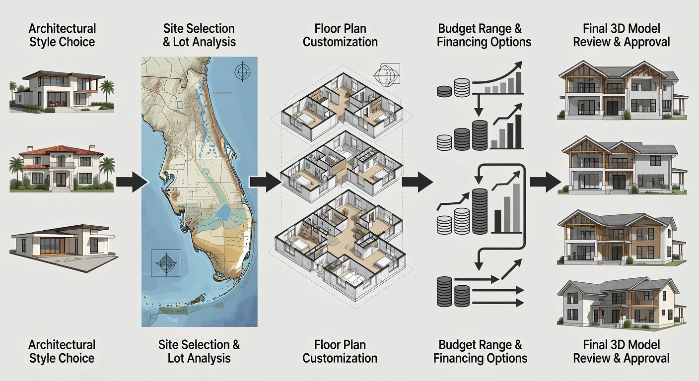 Detailed educational diagram showing a step-by-step flowchart of the Florida custom home selection process from architectural style choice through budget range and final 3D model review