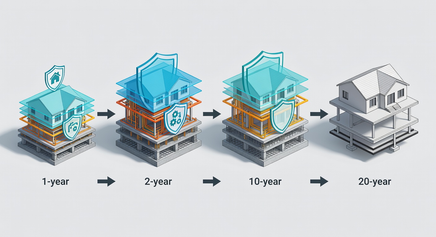 Detailed educational diagram showing a step-by-step visual timeline of the StrucSure 1-2-10-20 year warranty phases with icons representing full coverage, systems protection, and structural integrity layers for Florida homes
