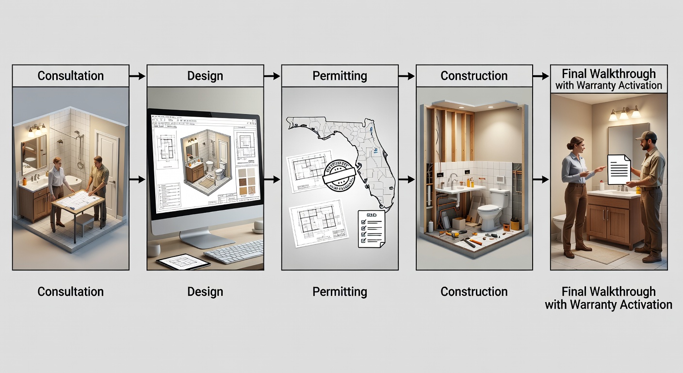 Detailed educational diagram showing the 5-step custom bathroom remodel workflow for Florida homes, including consultation, design, permitting, construction phases, and final walkthrough with warranty activation