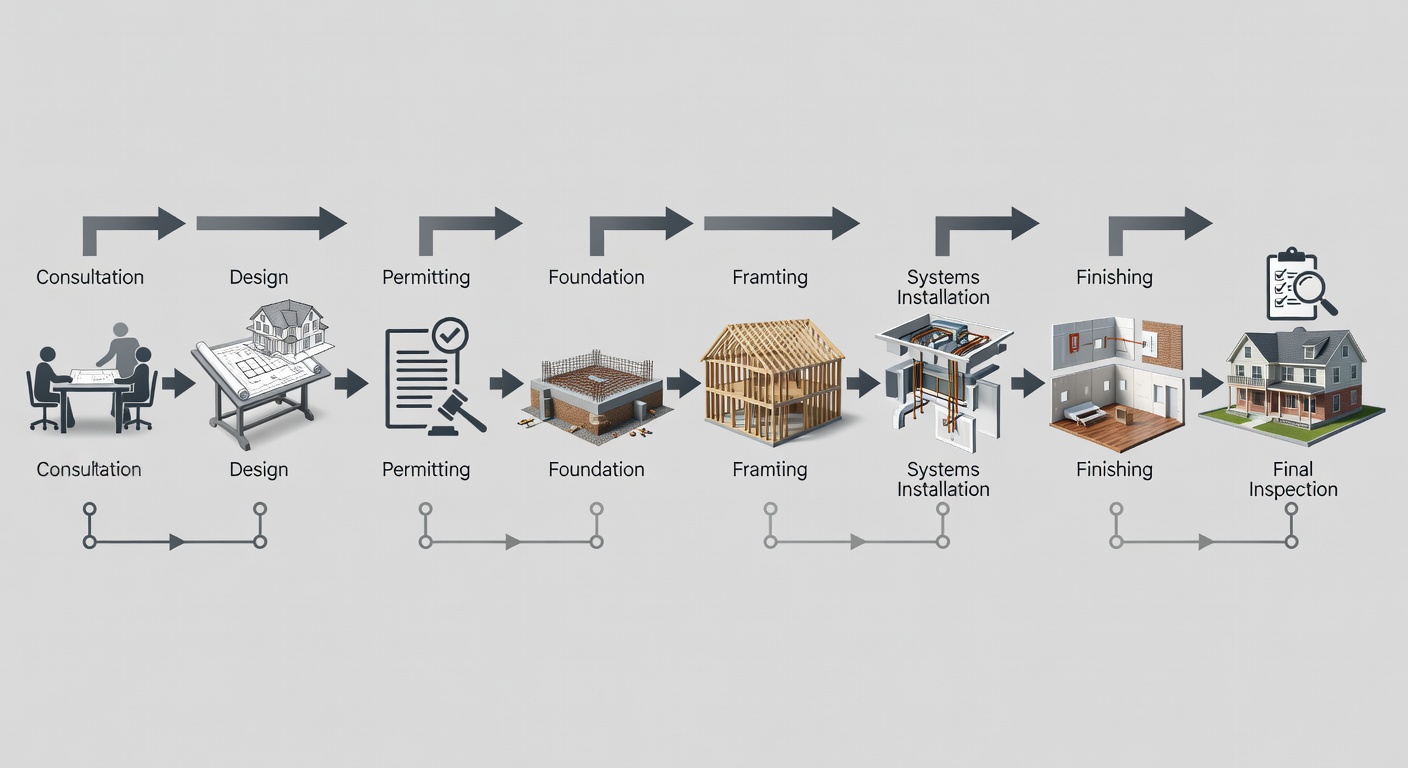 Detailed educational diagram showing the 8-step custom home building workflow for Lake Mary projects, including consultation, design, permitting, foundation, framing, systems installation, finishing, and final inspection phases with arrows indicating sequence and key decision points at each stage.