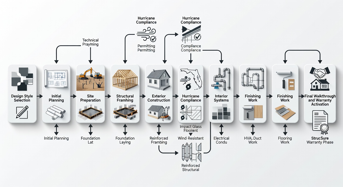 Detailed flowchart diagram illustrating the 10-step custom home building process in Florida, from 'Design Style Selection' to 'Final Walkthrough and Warranty Activation', including branches for Florida-specific permitting, hurricane compliance checks, and StrucSure warranty phases.