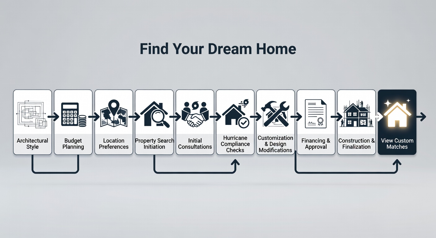 Detailed flowchart diagram illustrating the 10-step 'Find Your Dream Home' customization process, with sequential boxes for each step from '1. Architectural Style' to '10. View Custom Matches', including icons for house plans, budgets, and locations, plus arrows showing progression and Florida-specific notes like hurricane compliance checks.