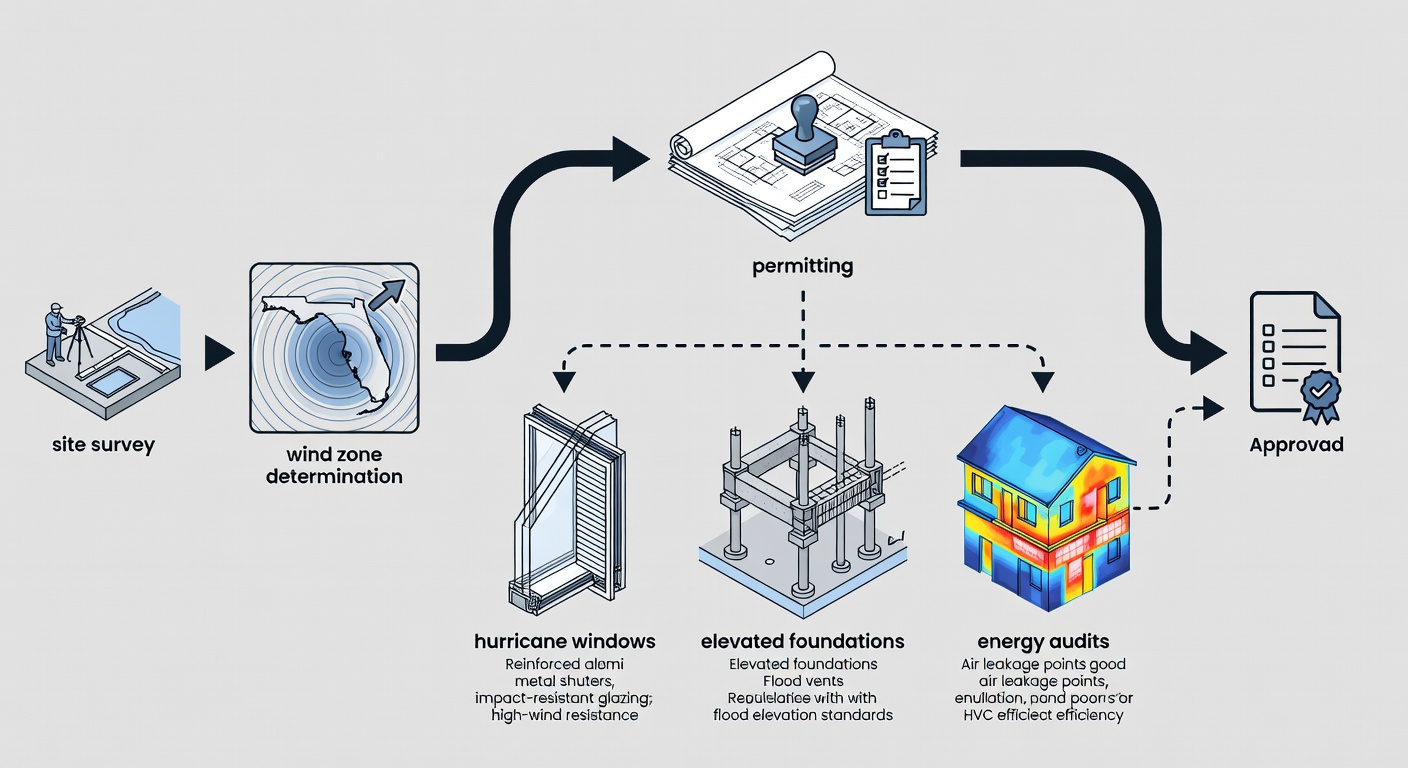 Detailed flowchart of Florida building code compliance process, from site survey and wind zone determination to permitting, featuring icons for hurricane windows, elevated foundations, and energy audits, with steps for 140+ mph ratings and flood elevation.