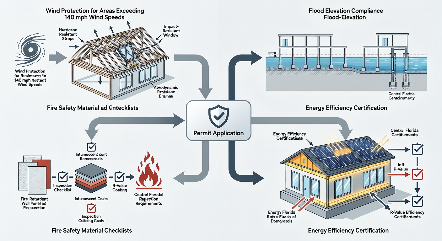 Detailed flowchart of Florida building code compliance process, with branches for wind protection (140+ mph icons), flood elevation diagrams, fire safety material checklists, and energy efficiency certification steps, labeled with key requirements from Central Florida standards.