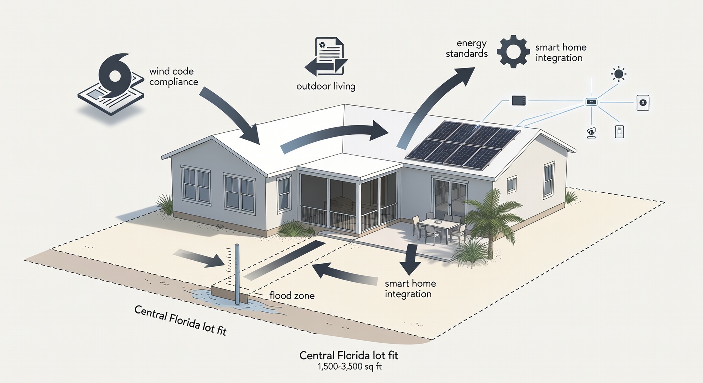 Detailed flowchart of Florida home feature dependencies, showing hurricane windows linking to wind code compliance, lanai to outdoor living flow, solar panels to energy standards, with icons for flood elevation, smart home integration, and Central Florida lot fit (1,500-3,500 sq ft).