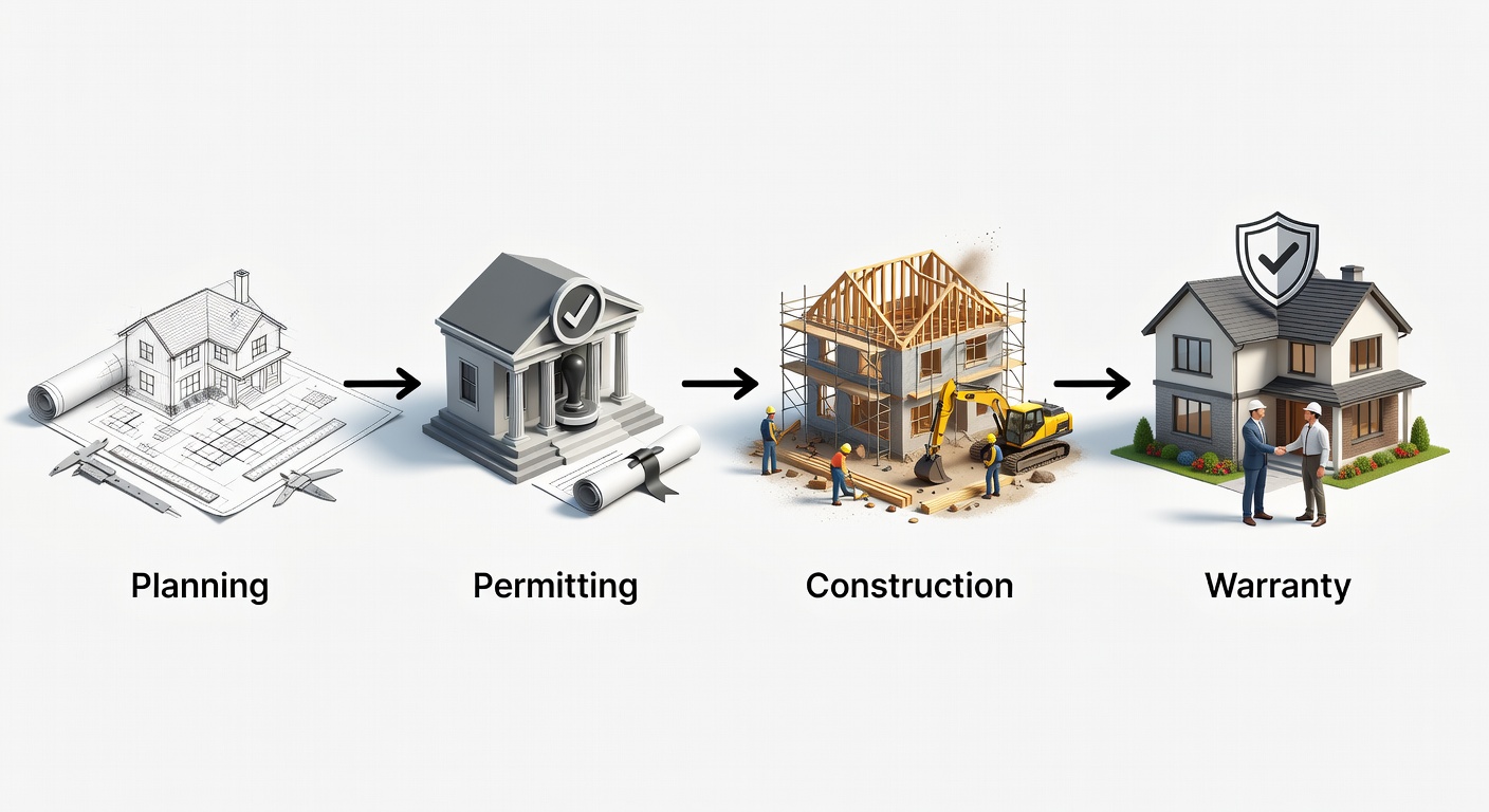 Detailed flowchart showing the step-by-step home renovation process in Orlando Florida including planning, permitting, construction, and warranty phases