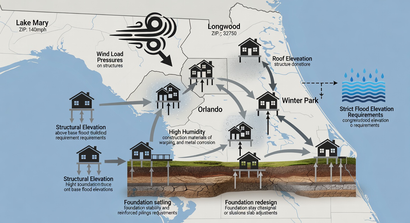 Detailed illustrative diagram of Florida home building challenges, featuring a Central Florida map highlighting Longwood (ZIP 32750), Orlando, Winter Park, and Lake Mary; labeled icons for hurricane wind zones (140+ mph), flood elevation requirements, high humidity impacts on materials, clay soil foundations, and FEMA-compliant elevations with arrows showing relationships between climate factors and required structural adaptations.