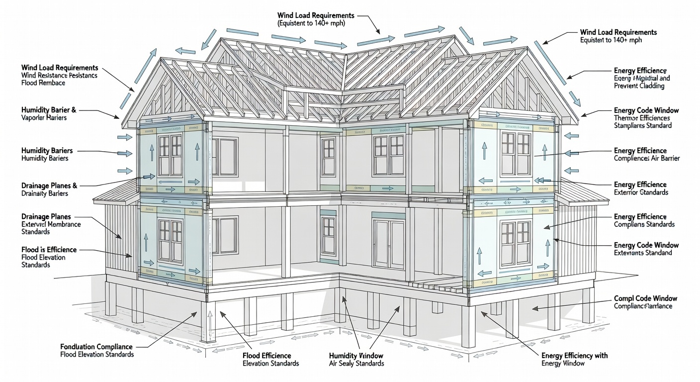 Detailed illustrative diagram showing Central Florida construction zones with labeled 2026 wind load requirements (140+ mph), flood elevation standards, humidity barriers, and energy code compliance layers for custom homes.