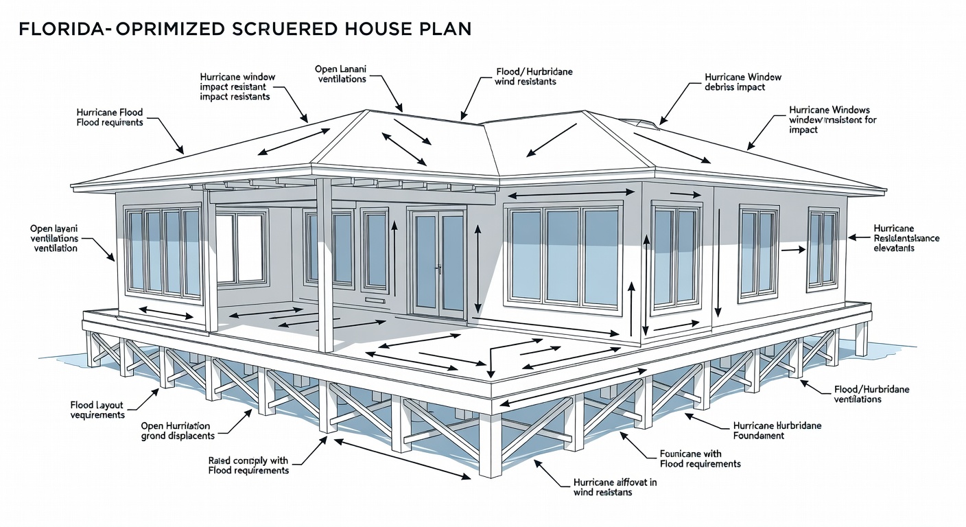 Detailed structural diagram illustrating Florida-optimized house plan layout with hurricane windows, open lanai, and elevated foundation for flood compliance