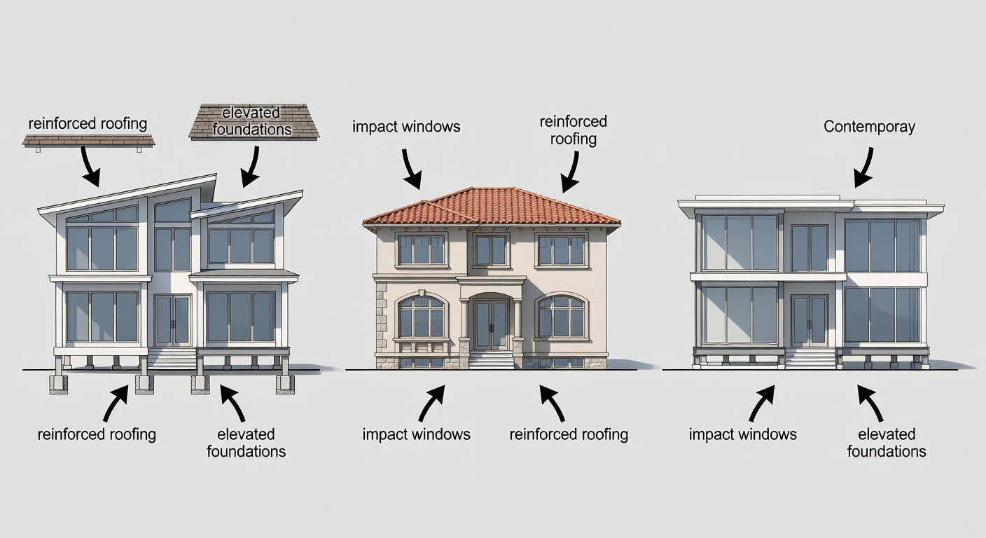 Detailed structural diagram showing side-by-side comparison of Coastal Modern, Mediterranean, and Contemporary luxury home elevations with labeled hurricane-resistant features such as impact windows, reinforced roofing, and elevated foundations.