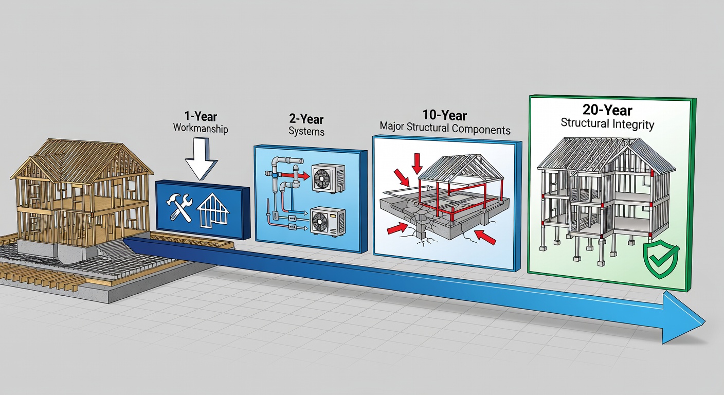 Detailed structural diagram showing the 1-2-10-20 year StrucSure warranty coverage timeline with labeled phases for workmanship, systems, and structural integrity in a Florida custom home build