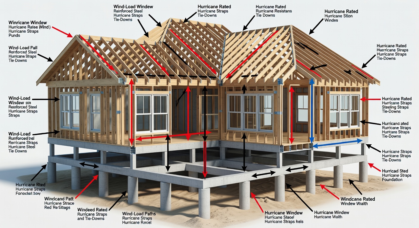 Detailed structural diagram showing wind-load paths, elevated foundation details, and hurricane-rated window installation for a typical Florida custom home