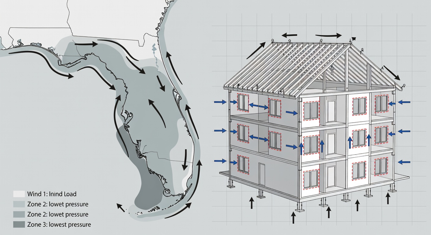 Detailed technical diagram showing Florida Building Code wind load zones, impact window ratings, and structural reinforcement points for residential and commercial buildings in Central Florida