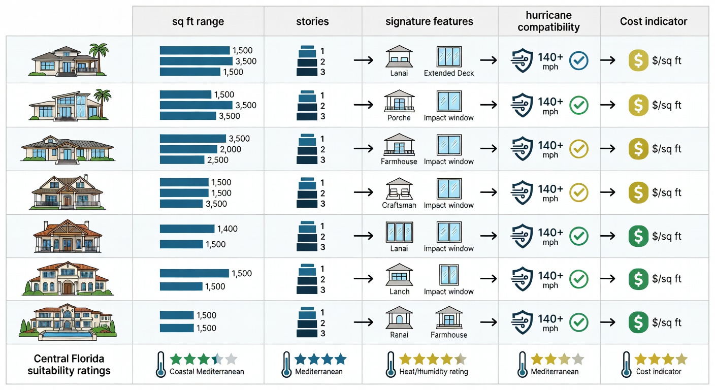 Educational comparison diagram of top Florida architectural styles (Coastal, Modern, Ranch, Farmhouse, Craftsman, Mediterranean, Luxury), structured as a table with columns for key attributes: sq ft range (1,500-3,500), stories (1-3), signature features (lanai/porches, impact windows), hurricane compatibility (140+ mph rated), and cost indicators ($/sq ft proxies from KB); include icons for visual clarity and Central Florida suitability ratings.