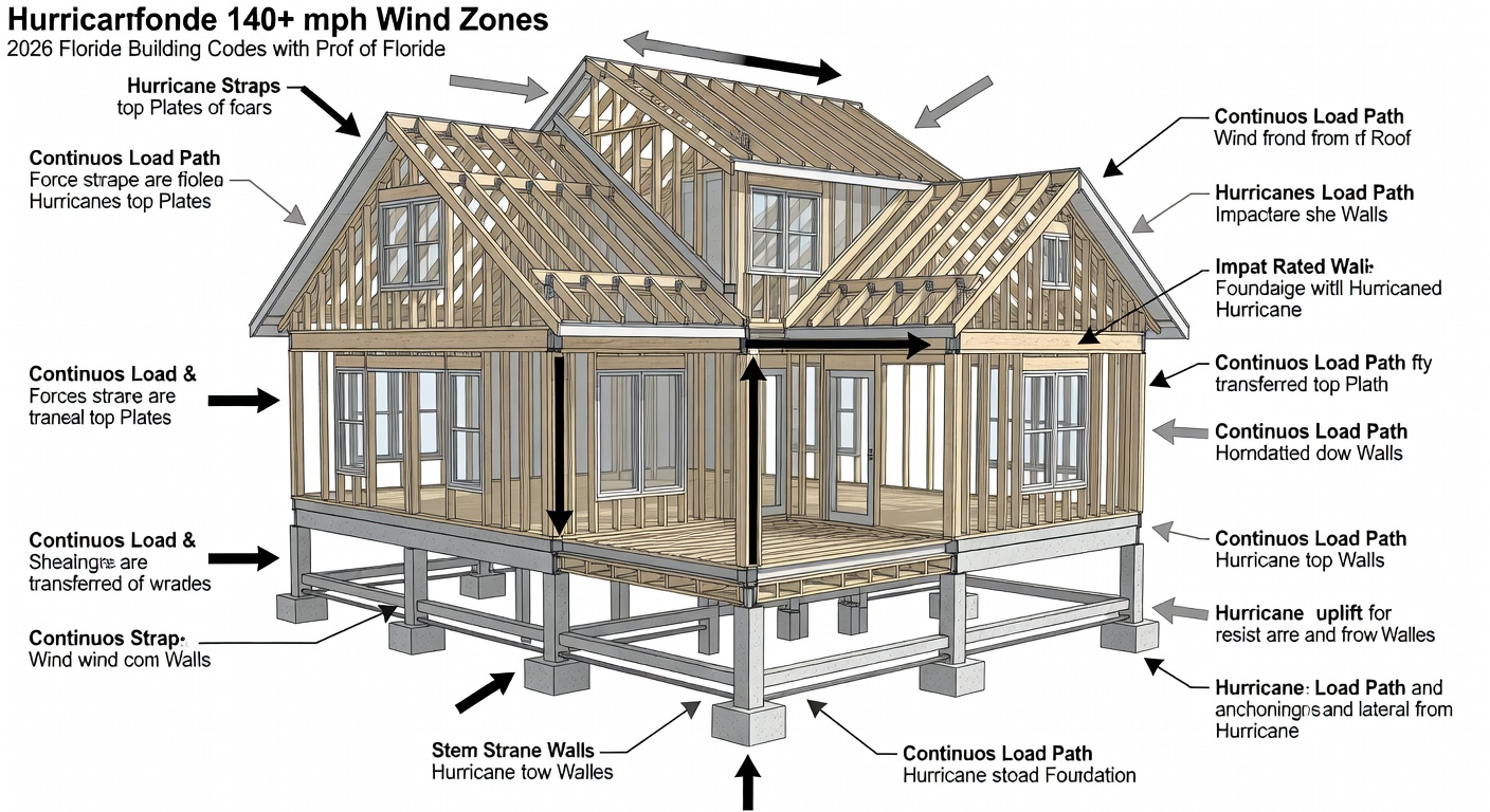 Educational diagram illustrating Florida home construction layers for 140+ mph wind zones, including hurricane straps, impact-rated windows, elevated foundation details, and continuous load path from roof to footer compliant with 2026 Florida building codes.