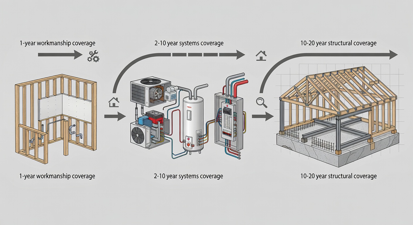 Educational diagram illustrating the 1-year workmanship, 2-10 year systems, and 10-20 year structural coverage timeline of the StrucSure Home Warranty used by Central Florida contractors