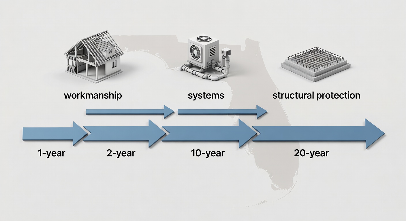 Educational diagram illustrating the StrucSure 1-2-10-20 year warranty timeline for Florida homes, showing coverage phases with icons for workmanship, systems, and structural protection
