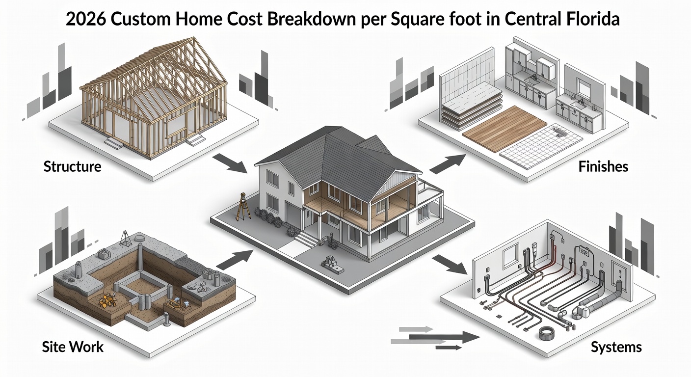 Educational diagram showing 2026 custom home cost breakdown per square foot in Central Florida with categories for site work, structure, finishes, and systems