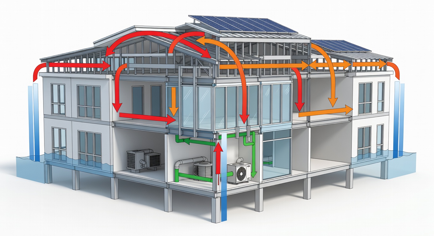 Educational diagram showing a commercial building cross-section with labeled hurricane wind load paths, flood elevation markers, impact-rated glazing locations, and energy-efficient system placements for Florida commercial construction