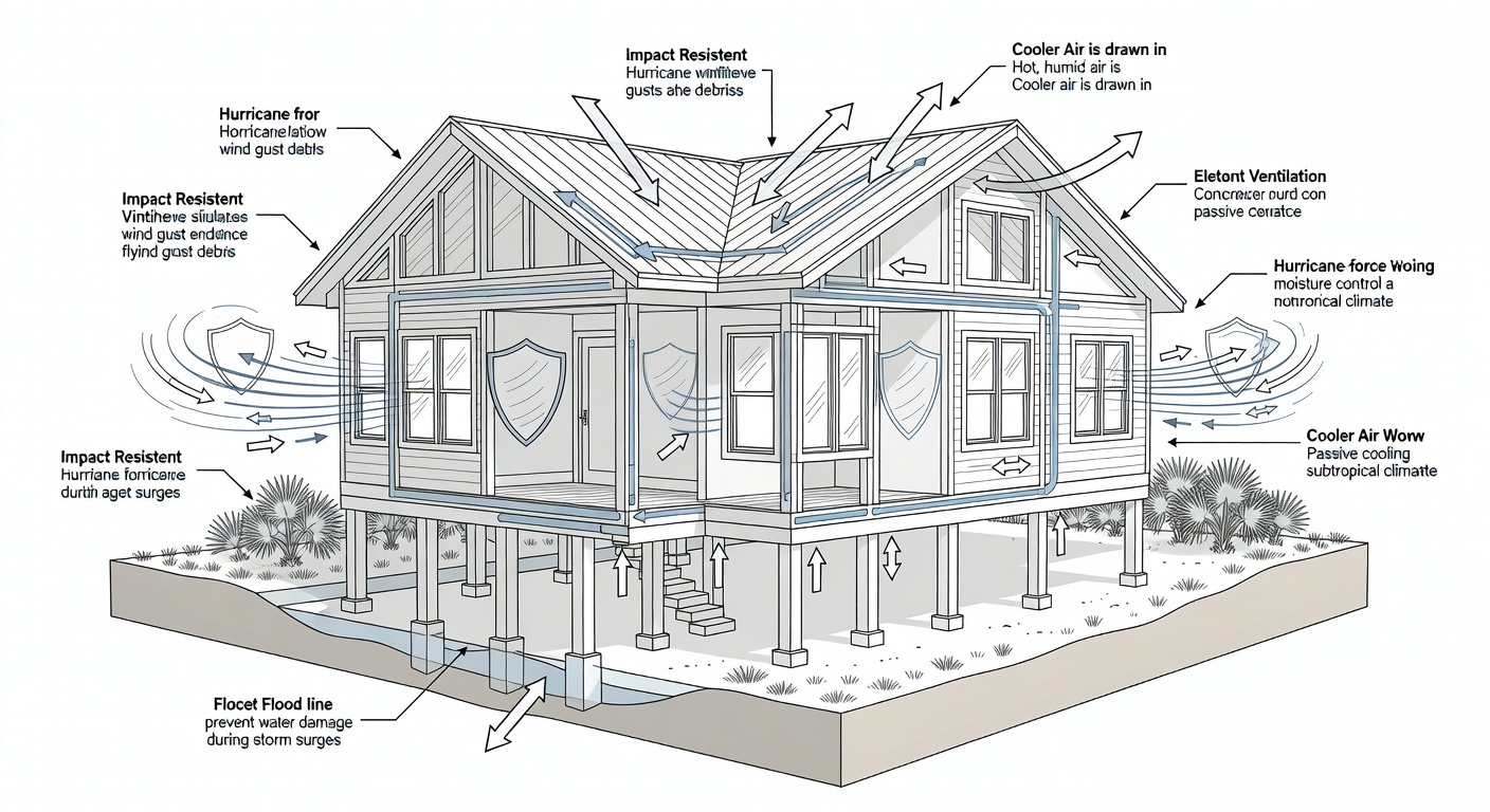 Educational diagram showing key climate adaptation features for custom homes in Florida including elevated foundations, impact windows, and ventilation pathways