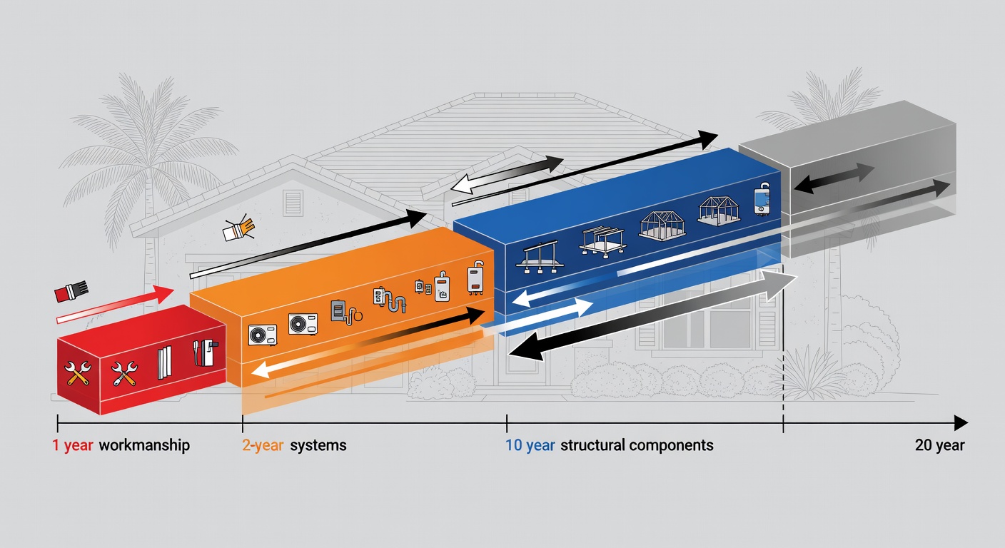 Educational diagram showing the 1-2-10-20 year warranty coverage timeline for workmanship, systems, and structural components in a typical Florida home build