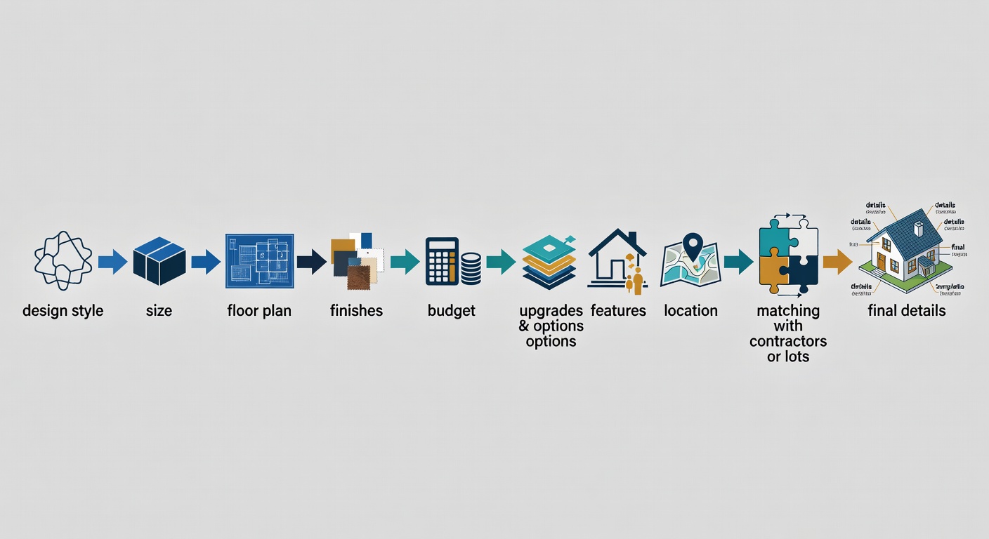 Educational diagram showing the 10-step custom home selection and building workflow used by Fox Certified Contractors Florida, including design style, size, floor plan, finishes, budget, upgrades, features, location, matching, and final details stages