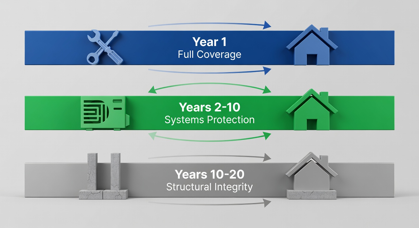 Educational diagram showing the 20-year warranty timeline with three horizontal bars labeled Year 1 Full Coverage, Years 2-10 Systems Protection, and Years 10-20 Structural Integrity, including icons for workmanship, HVAC, and foundation elements.