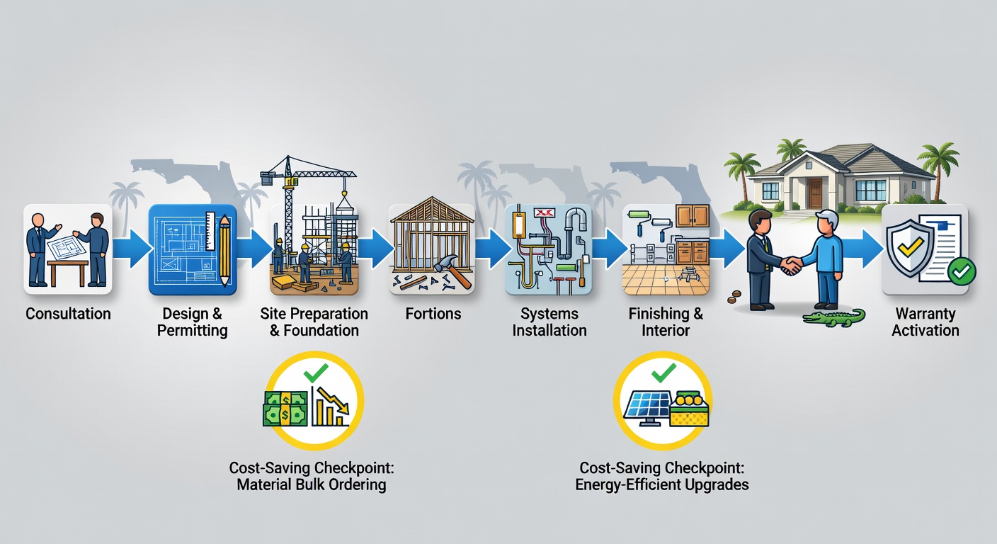 Educational diagram showing the custom home building process flow from consultation through warranty activation, with icons for each major stage and cost-saving checkpoints highlighted in Florida context