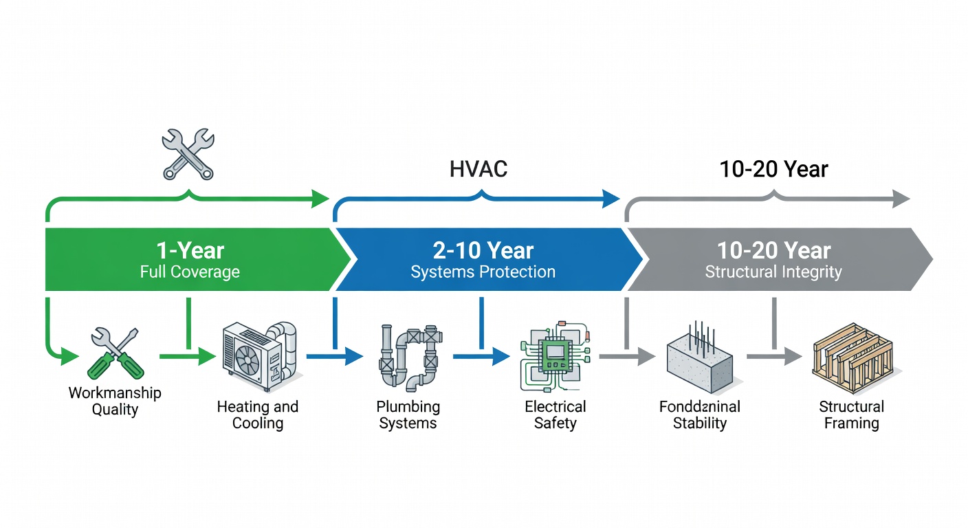 Educational diagram showing the StrucSure 20-year warranty timeline with three phases labeled: 1-Year Full Coverage, 2-10 Year Systems Protection, and 10-20 Year Structural Integrity, including icons for workmanship, HVAC, plumbing, electrical, foundation, and framing.