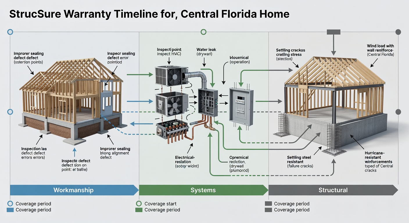 Educational diagram showing the three-tier StrucSure warranty timeline with labeled coverage periods for workmanship, systems, and structural components in a Central Florida home build
