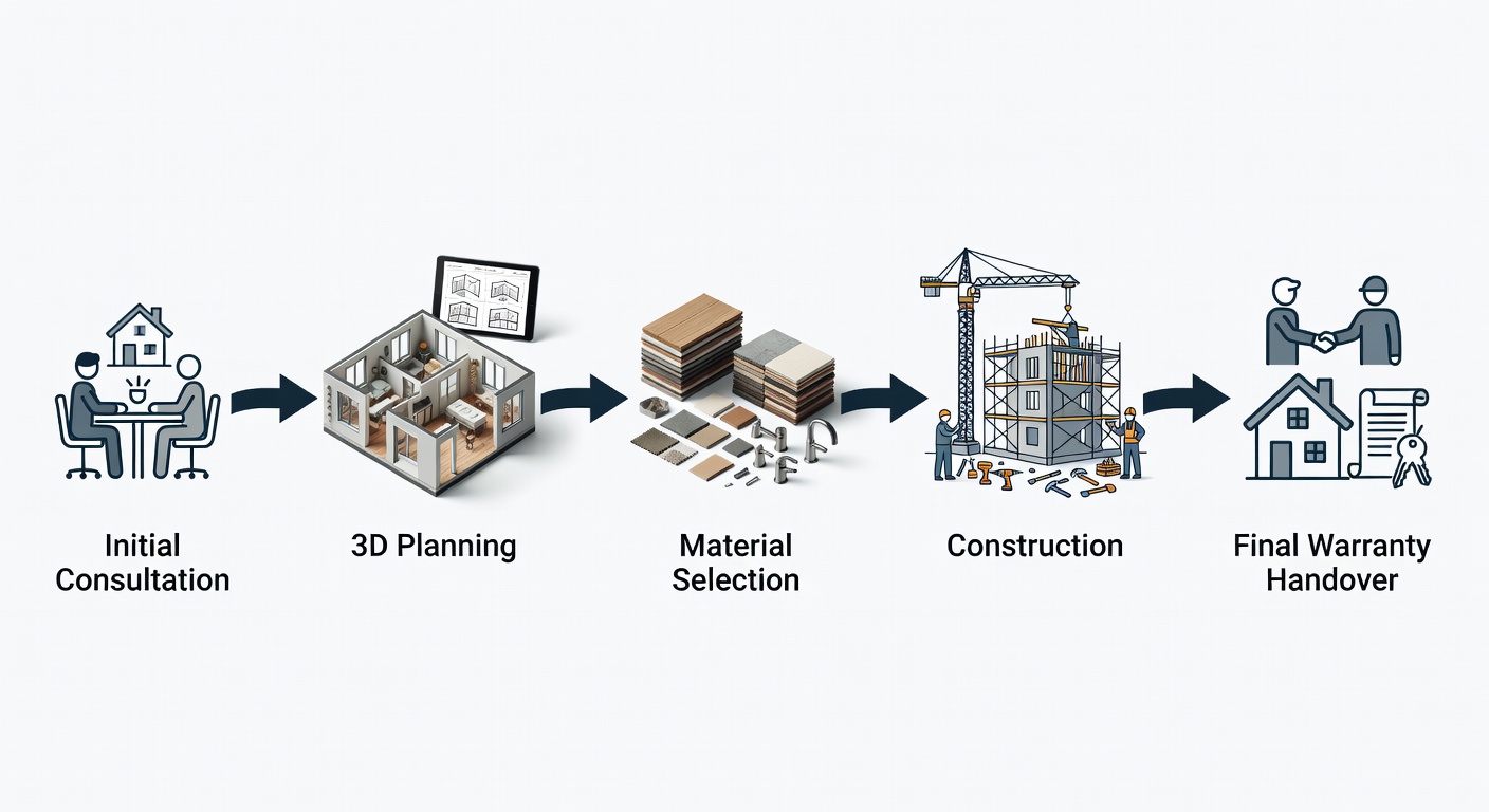Educational flowchart diagram showing the step-by-step Central Florida remodeling process from initial consultation through 3D planning, material selection, construction, and final warranty handover with clear arrows and labeled stages.