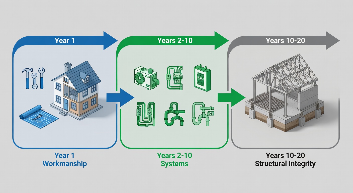 Educational structural diagram showing the three phases of StrucSure 20-year transferable home warranty coverage with labeled sections for Year 1 workmanship, Years 2-10 systems, and Years 10-20 structural integrity, including icons for HVAC, foundation, and electrical components